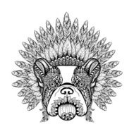 Hand Drawn French Bulldog in Feathered War bonnet