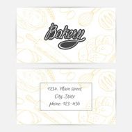 Bakery business cards with hand lettering logo Sketched baking background