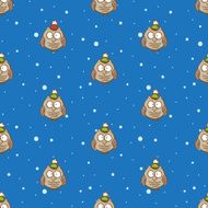 Vector owls in hats pattern Christmas and New Year blue