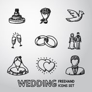 Set of handdrawn wedding icons - cake flowers dove champagne