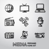 Set of handdrawn media icons - news radio tv internet