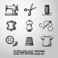 Set of handdrawn sewing icons - machine scissors thread leather