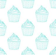 Blue Hand-drawn Cup Cake Outline Pattern on White Background N2