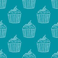 White Hand-drawn Cup Cake Outline Pattern on Blue Background