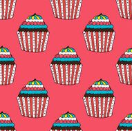 Colorful Hand-drawn Cup Cake Pattern on Red Background