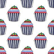 Colorful Hand-drawn Cup Cake Pattern on White Background N2