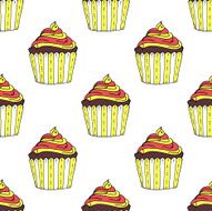 Colorful Hand-drawn Cup Cake Pattern on White Background N3