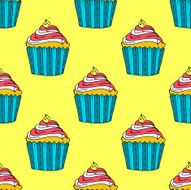 Colorful Hand-drawn Cup Cake Pattern on Yellow Background