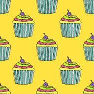 Colorful Hand-drawn Cup Cake Pattern on Yellow Background N2