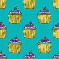 Colorful Hand-drawn Cup Cake Pattern on Blue Background