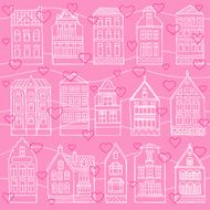 Seamless pattern with hand drawn houses and hearts