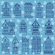 Seamless pattern with hand drown houses and flakes of snow