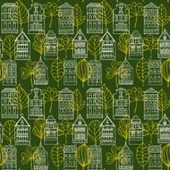 Seamless pattern with houses and leafs