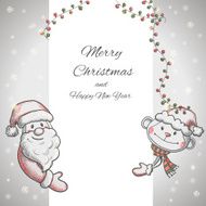 Hand drawn Santa Claus and Monkey holding banner N2