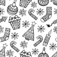 Christmas black and white sketch vector seamless pattern