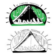 Silhouette variations of funny camping tents on forest background