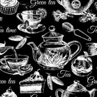 Tea and cake seamless pattern Hand drawn sketch vector illustra