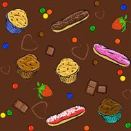 Seamless pattern with cakes chocolate hearts and muffins Vect N2