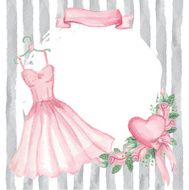 Watercolor pink dress roses decor ribbon strips Vintage card