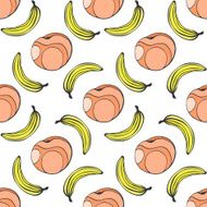 Doodle seamless pattern with fruits Banana and pear vector background