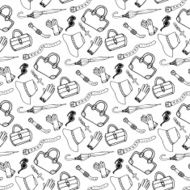 Doodle hand drawn girl fashion accessories and handbags seamless pattern