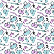 Doodle hand drawn fashion accessories and handbags seamless pattern