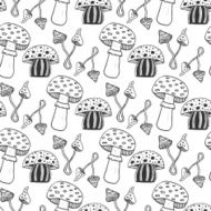 Hand drawn psychedelic magic mushrooms seamess patter