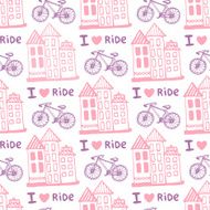 Hand drawn seamless pattern with cute houses and bicycle