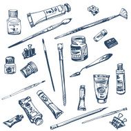 Doodle set of art supplies Oils hand drawn illustration