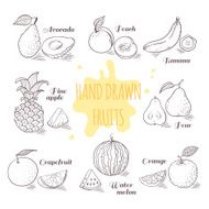 Set of hand drawn outline fruits with slice Doodle illustration