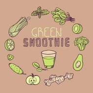 Green smoothie vector illustration Background with vegetable frame