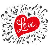 Love - hand lettering red heart and doodles elements background