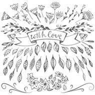 Set of flowers leaves ribbon and text -With Love