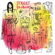 Girl and street fashion clothing set Sketchy on watercolor stein