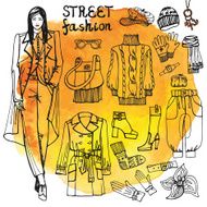 Girl and street fashion clothing set Sketchy in watercolor stein