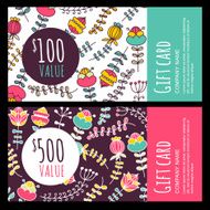 Vector gift voucher card with colorful hand drawn flowers background