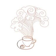 Linear sketch coffee cup at saucer with steam and chocolate