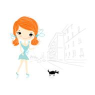 Girl with dog on street sketch for your design