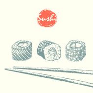 Sushi rolls and chopsticks sketch background