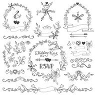 Doodles floral decor set Borders wreath elements Outline