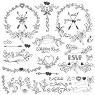 Doodles floral decor set Borders elements wreath Outline