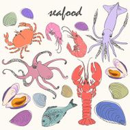 Vector doodle seafood set