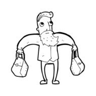 line drawing cartoon hipster man carrying bags