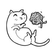 line drawing cartoon cat with ball of yarn