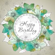 Vector Happy Birthday greeting card with beautiful clematis flow