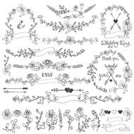 Doodles floral decor set Wreath Borders elements Outline