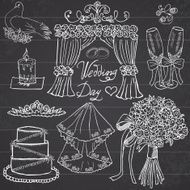 Wedding day elements Hand drawn set on chalkboard background