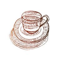 Elegant coffee cup at saucer vector sketch N2