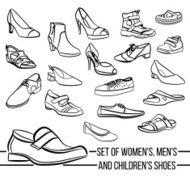 Set vector women men and children&#039;s shoes painted lines