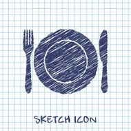 kitchen doodle sketch icon of dish fork and knife